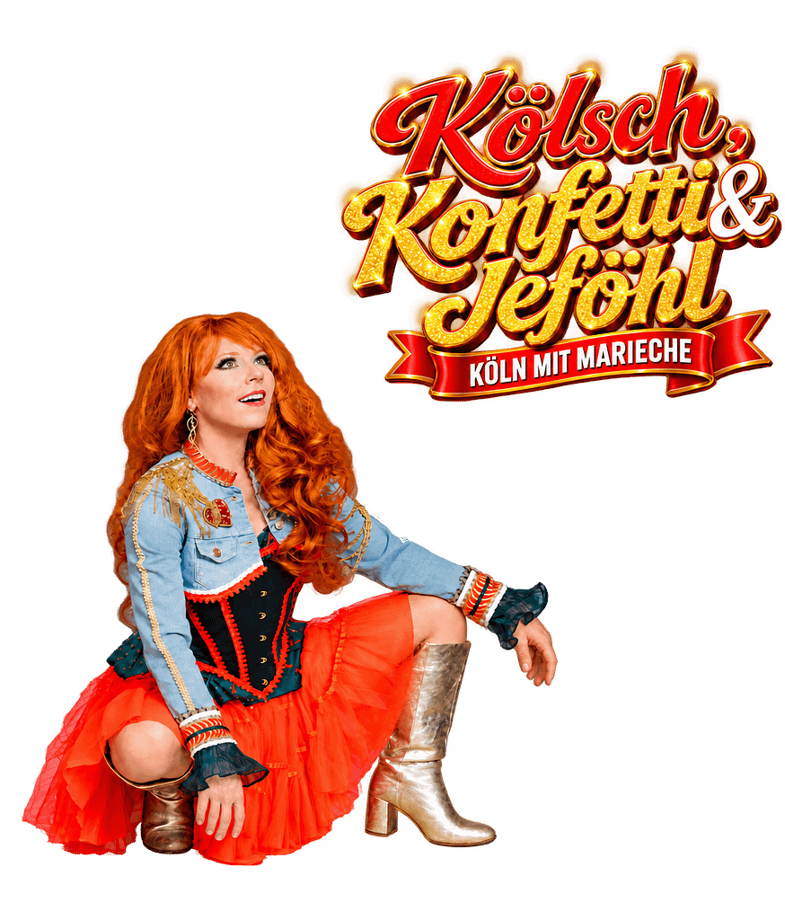 Kölsch-Tourbus Marieche mit dem Schriftzug Kölsch, Konfetti & Jeföhl für die geführte Bustour durch Köln